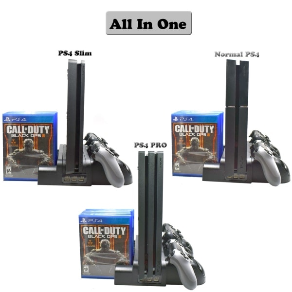PS4 Stativ Kjølevifte Stasjon for Playstation 4/PS4 Slim/PS4 Pro, PS4 Pro Vertikal Stativ med 12 Spillspor