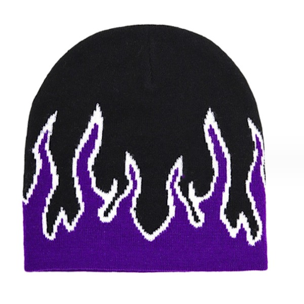 Tjock Varm Öronmuff Beanie Hatt Män Vinter Flamma Tryck Cykling Stickad Hatt Kläder Tillbehör Lila purple