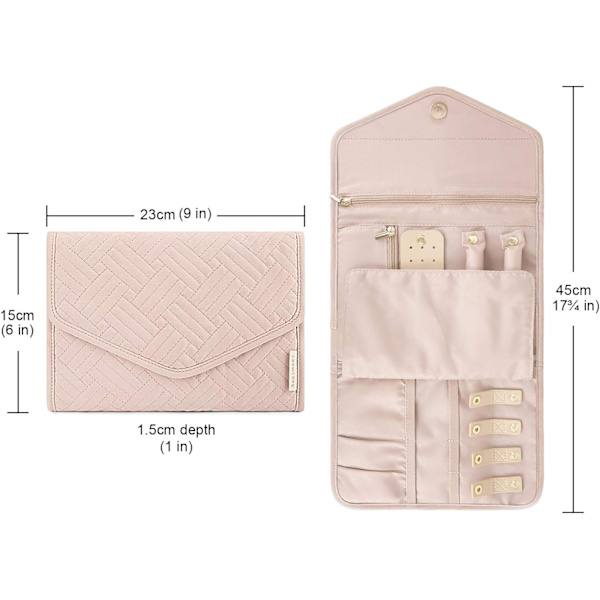 Rejse Smykkearrangør Rul Foldbar Smykkeetui til Rejse-Ringe, Halskæder, Armbånd, Øreringe Pink