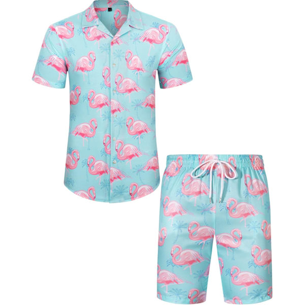 Herre Hawaii-skjorte og shorts sett Regular Fit Kort Ermet Casual Funky Strand Flamingo Skjorte Sett XL Light Blue Flamingo