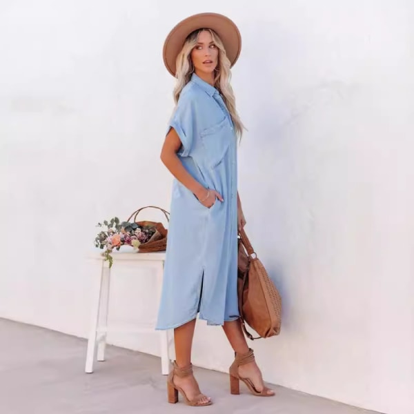 Sommer 2024 ny mode ensfarvet denim kortærmet kjole mid-length slids shirtdress 2XL