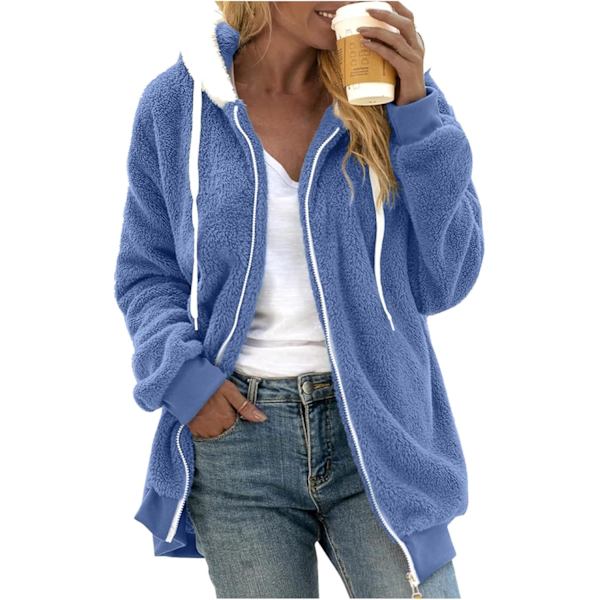 Hættejakke til kvinder Teddy Fleece Frakke Overgangsjakke med hætte med lommer lynlås efterår vinter plysjakke fleecejakke vinter L B Blue