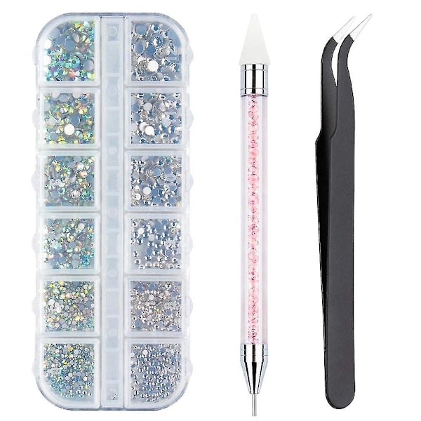 3000 rhinestones 6 størrelser flate steiner, ab + klare rhinestones negler