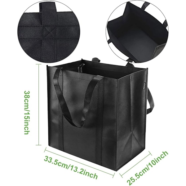 2 Stykker Sorte Genanvendelige Indkøbsposer, 38 x 33,5 x 25,5 cm, med Lille Krog, Velegnet til Indkøb, Picnic, Rejser, Strand, DIY, Reklame, Event black