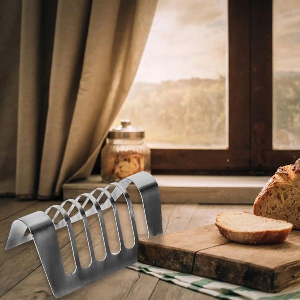 1 stk Brødrist i Rustfritt Stål, Toast Holder, 6 Skiver, Bordstativ for Ristet Brød, Brødrist i Metall, Bakebrett, Frokost 6 kortplatser