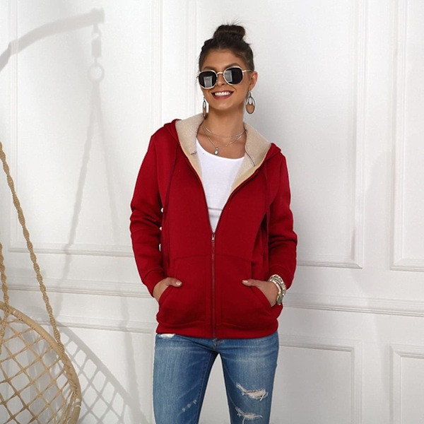 Damer Casual Vinter Varm Tykk Jakke Full Zip Up Hoodie Genser for Kvinner XL Wine Red