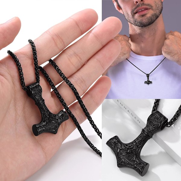 Thorin Mjolnir-vasara riipusriipus, pohjoismainen viikinkikirves piikikettulla, ruostumaton teräs 02. Negro