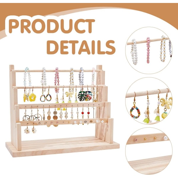 4-lags Øreringe Display Stand i Træ, 28 Huller Træ Øreringe Smykke Display Rack Smykke Organizer Holder Riser til Øreringe Halskæde Armbånd Nøglering