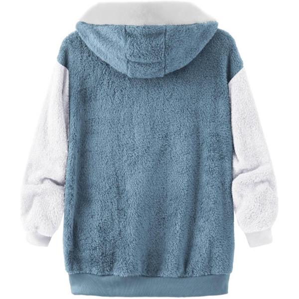 Hættejakke til kvinder, Teddy Fleece-frakke, Overgangsjakke med hætte og lommer, lynlås, efterår, vinter, plysjakke, fleecejakke, vinter 4XL E Blue
