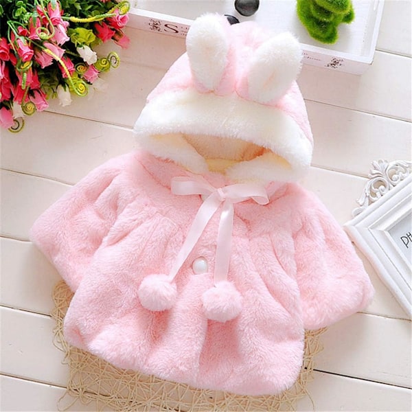 Nyfødt jente Faux Fur Varm Vinter Hette Cape Kappe Hoodie Frakk Jakke Tykk Varm Klær Cardigan Yttertøy 0~36 M 18-24 Months Pink