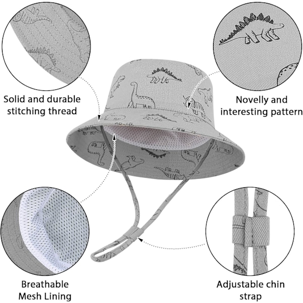 Solhatt for barn UPF 50+ solbeskyttelse Justerbar stropp Justerbar hakestropp Gris 6-12 meses