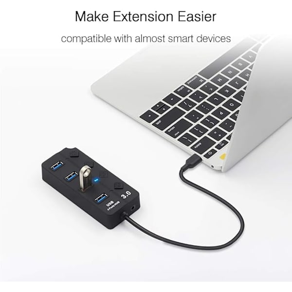 USB 3.0 Hub med bryter, LED og strømadapter