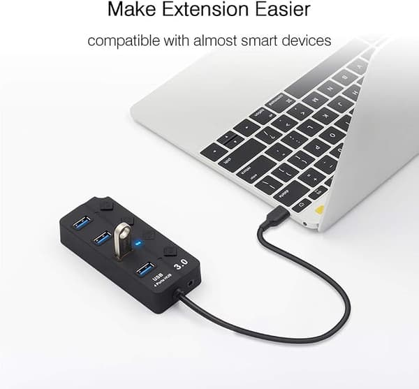 USB 3.0 -hubi kytkimellä ja LED-virtalähteellä