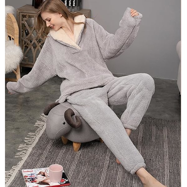 Dam Pyjamas Varma Fleece Pyjamas Set Vinter Mjuk Dam 2-Delar Nattkläder Loungewear Set Långärmad Topp och Termiska Byxor Pjs Sleepwear