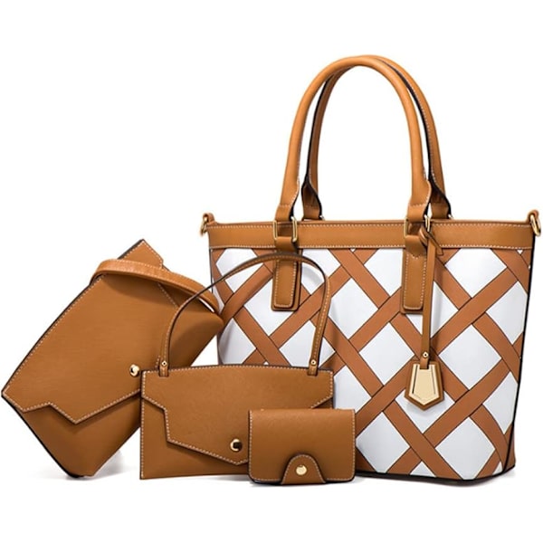 Tote väskor kvinnor 4 pack axelväskor rutmönster handväskor plånböcker crossbody väskor BROWN