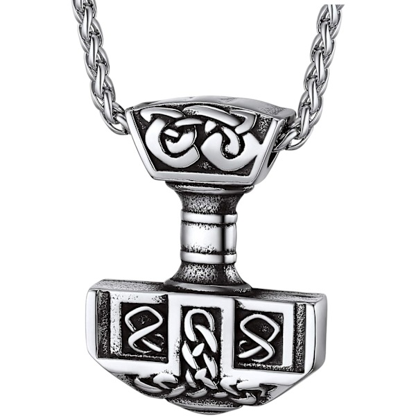 Thorin Mjolnir-vasara riipusriipus, pohjoismainen viikinkikirves piikikettulla, ruostumaton teräs 03. Color Platino