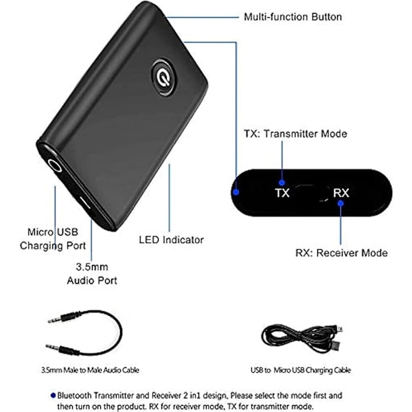 Bluetooth 5.0 Adapter, Bluetooth 5.0 Sender Bluetooth Sender Mottaker med Støyreduksjon for Høyttalere MP3/MP4 DVD Stereoanlegg