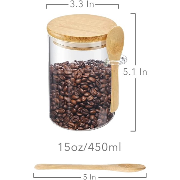 Förvaringsburk i glas med bambulock, 450 ml lufttät matbehållare med sked för overnight oats, salt, socker, kryddor, te, 1-pack