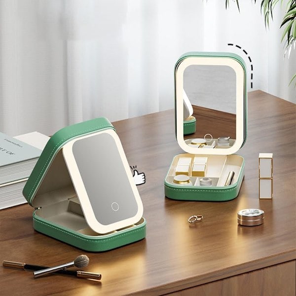Makeup Spejl med Lys, Kosmetik Opbevaringstaske med LED Spejl | Bærbar Makeup Taske - 3 Farver med Lys Makeup Taske, Rejse Makeup Taske Grøn Green