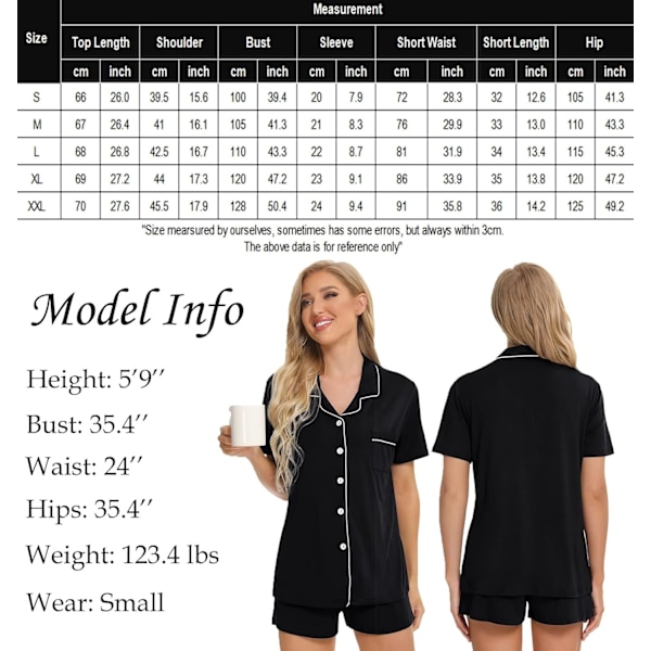 Dam Pyjamas Set Kortärmad Nattkläder Dam Knapp Ned Nattkläder PJ Set med Ficka S Black