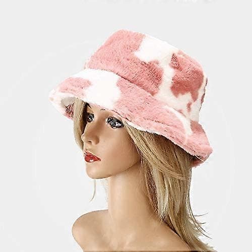 Vinter Fuskpäls Bucket Hatt Fluffig Varm Hatt för Kvinnor Män Ko-tryck Rosa