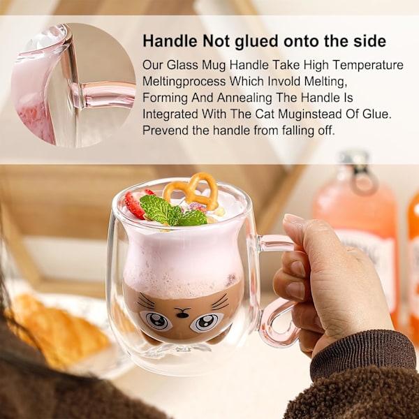 Søt bjørnekrus - søte krus for kvinner - glass med dobbelt vegg - isolerte glass - espressokopp, kaffekopp, tekopp, melkekopp, beste gave Pink Cat