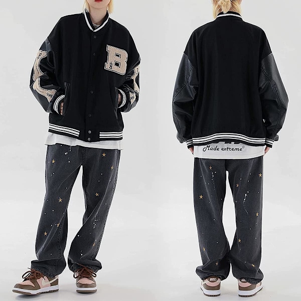 Varsity College -takki Baseball-takki Vintage-ulkovaatteet taskuilla Unisex-takki Patchwork-päällinen L Black