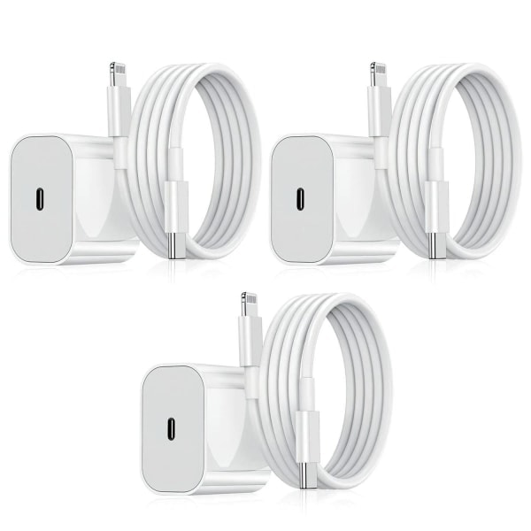 Lader - Hurtiglader - Adapter + Kabel 20W USB-C 2m Kabel Hvit 3-pakning