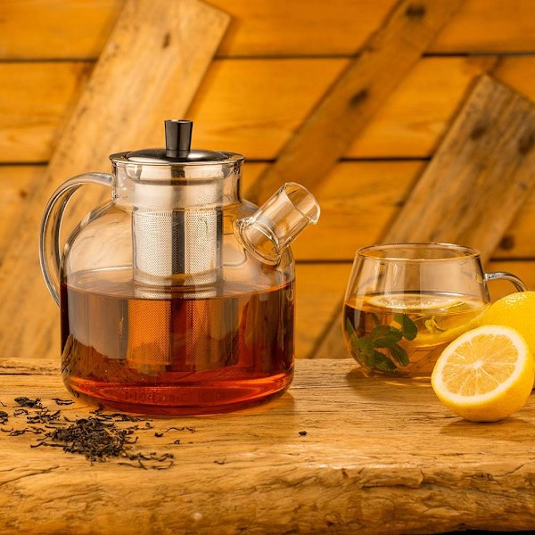 1500 ml tekande, der er sikker til komfur med si, borosilikatglas vandkande, klar tekande til løs te, varmt/iskoldt vand, juice og drikkevarer