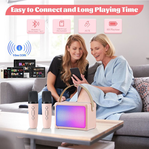 Bluetooth Karaoke-maskin med 2 mikrofoner for jenter, barn og voksne, Karaoke-maskiner for barn med stemmeforandring og LED-lys