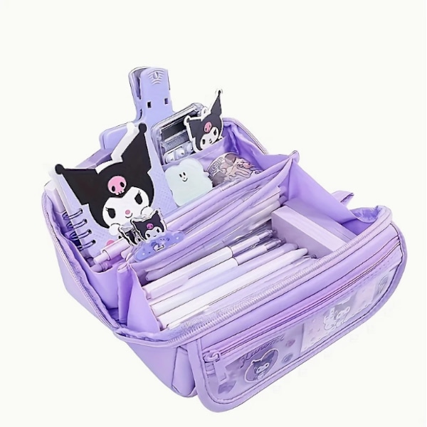 7-osainen paperitarvikesetti 9-kerroksinen suuri penaali - söpö design, kangasinen opiskelijan paperitarvikkeiden säilytyslaukku (sininen penaali + kynä + tarra) Blue pencil case + pens + stickers