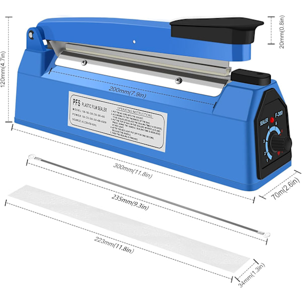 Varmeforsegler, plastposeforsegler impulsforsegler svart vakuummatforsegler posepakningsmaskin for PP og PE plastposeforsegler (200 MM) 300mm