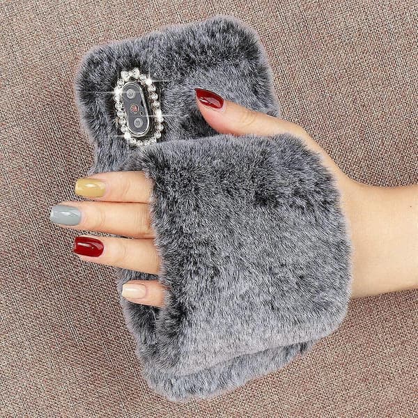 til iPhone 11 Case Søde Piger Blød Kunstpels Glitter Diamant Pelsede Fluffy Handske Silikone Telefon Cover Case til iPhone 11 Case Grå