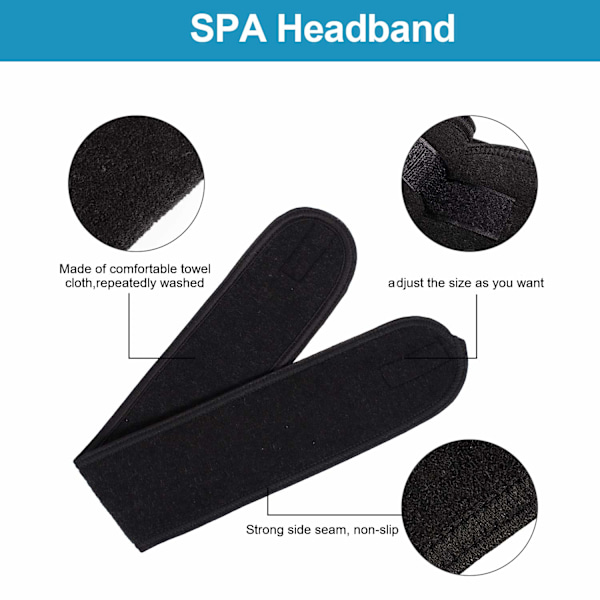 Spa ansiktsband, elastiskt huvudhandduk, för bad, smink och sport, 8,9 cm bred Black
