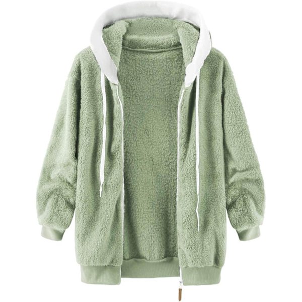 Hættejakke til kvinder, Teddy Fleece-frakke, Overgangsjakke med hætte og lommer, lynlås, efterår, vinter, plysjakke, fleecejakke, vinter L D Green