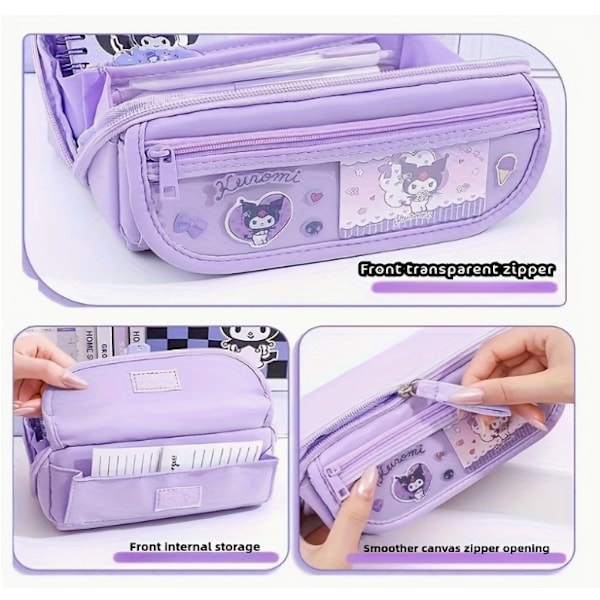 7-osainen paperitarvikesetti 9-kerroksinen suuri penaali - söpö design, kangasinen opiskelijan paperitarvikkeiden säilytyslaukku (violetti penaali + kynä + tarra) Purple Pencil Case + Pens + Stickers