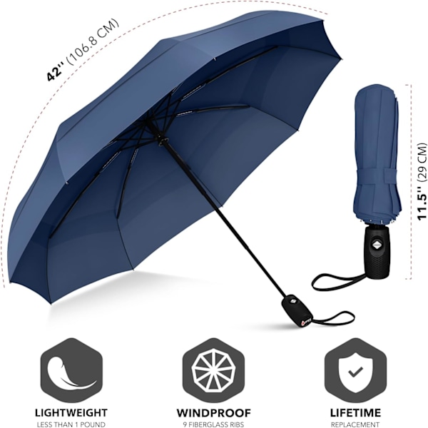 Repel Paraply Vindtætte Rejseparaplyer til Regn - Nem Automatisk Åbning og Lukning, Holdbar & Kompakt Paraply, Stærk Glasfiberramme, Vandtæt Kaleche Navy Blue