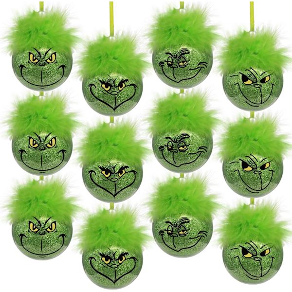 Juldekorationer för inomhus: 12 stycken söta Grinch julgransprydnader med fluffigt grönt hår, glittrande Grinch julbollar för granen