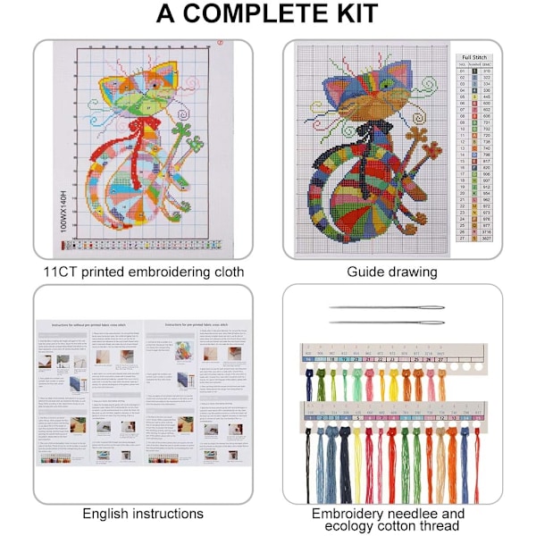 DIY Korsstygnsbroderi Kit, DIY 11CT Korsstygnskit Handräknat Korsstygnsverktygssats (32x42cm) - Sju Färger Katt