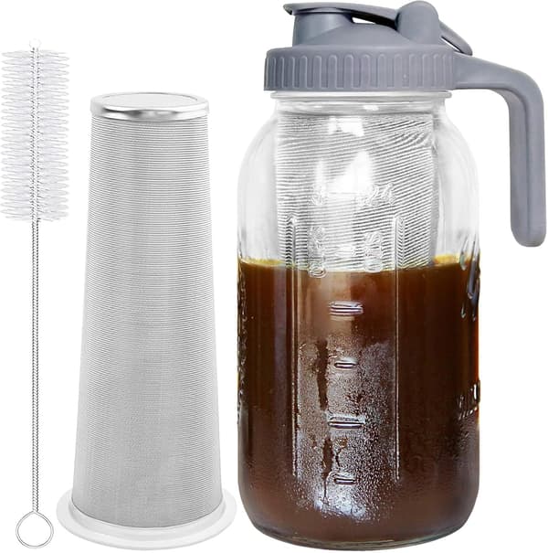 64oz Tykt Glas Multifunktionel Mason Kande med Tudlåg, Håndtag & Rustfrit Stål Filter til Iskaffe, Lemonade, Iste