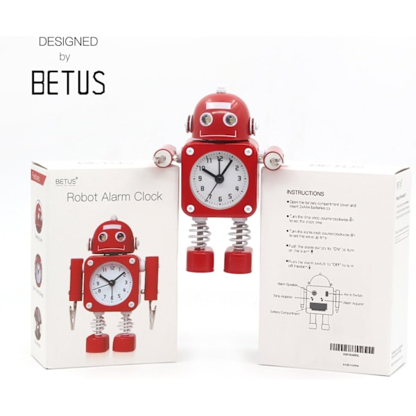 Rostfritt metall icke-tickande robotlarmklocka - Larmklocka med blinkande lampor och handklämma Ruby Red