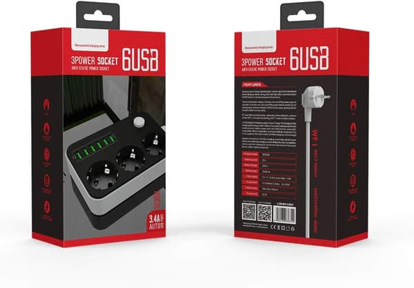 Grenuttak med 6 USB-uttak, kabel med overbelastningsvern