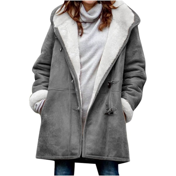Damer Vinterjakker Udsalg Plus Størrelse Dame Fleeceforet Jakke Hoodies Lomme Uld Casual Hættetrøjer Horn Knapper Casual Varmt Jakke Trench XL 02 Grey