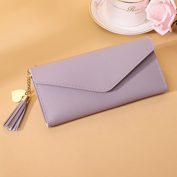 Plånbok för kvinnor, läder, multi-kort, liten plånbok med tofsar, tredelad plånbok, kortfodral, myntplånbok Light purple Long