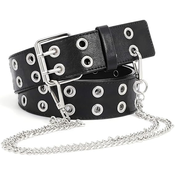 Kaksinkertainen niittireikäinen nahkavyö irrotettavalla ketjulla naisille ja miehille, punk musta vyö kaksinkertaisilla niiteillä farkuille B. Black With Chain