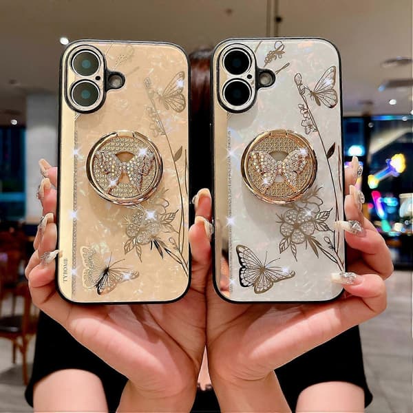 Deksel til iPhone 16 med Rhinestones Dekor Støtte TPU+PC Sommerfugl Blomster Deksel