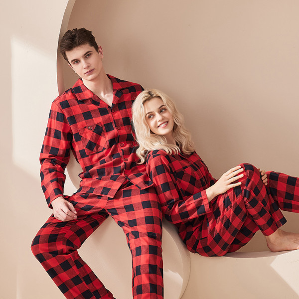 Røde og svarte par høst og vinter ren bomull kvinners pyjamas sett kan brukes 2XL Women's 2XL