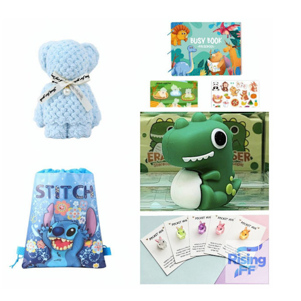 Børnegaver, fødselsdagsgaver, børns tidlige uddannelses stickerbog travl bog + bjørnehåndklæde, krystal kanin, dinosaur viskelæder blue