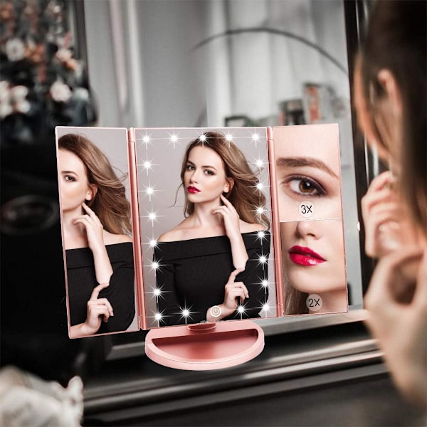 Tre-foldigt Makeupspejl, 21 LED'er og 2X/3X Forstørrelse, Touch-kontakt til Justering af Lysstyrke, Dobbelt Strømforsyningstilstand Makeupspejl (Rose Gold) Rose Gold