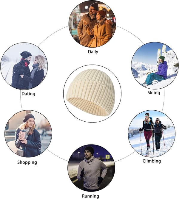 Vintermössa, unisex stretchig mjuk mudd, termisk randig upprullad kant vintermössa, present till familjen Beige One Size